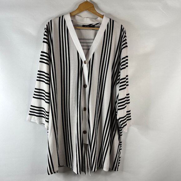 Susan Graver Weekens Womens Tunic Top Size 5X Black White Striped Button Up - Picture 2 of 9